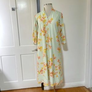 Vintage 60s-70s Mint/ Orange Mandarin Collar Floral Maxi Dress